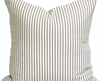 Charcoal Ticking Stripe Pillow, Gray Cream Ticking, Farmhouse Pillow, Ticking Throw Pillow Cover for 20x20 Pillow, 18x18 Pillow, All Sizes