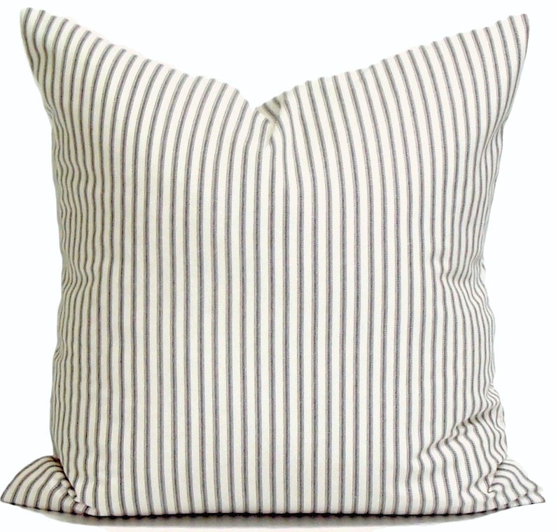 Charcoal Ticking Stripe Pillow, Gray Cream Ticking, Farmhouse Pillow, Ticking Pillow Cover, Charcoal Throw Pillow Covers