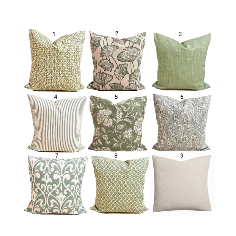 Green Block Print Pillow Covers: Green Cotton Throw Pillow Covers for All Size Inserts incl. Shams image 1