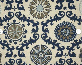 Blue Tan Floral Fabric: Rosa Indigo Premier Prints, 54" Wide
