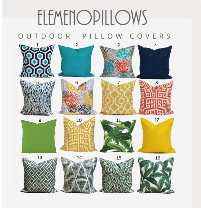 Puede incluir: Colecci&oacute;n de diecis&eacute;is fundas de cojines para exteriores con varios dise&ntilde;os y colores. Los cojines incluyen dise&ntilde;os geom&eacute;tricos, florales y lisos en tonos de azul, verde, amarillo y rojo. El texto "ELEMENOPILLOWS OUTDOOR PILLOW COVERS" est&aacute; en la parte superior.