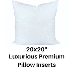 May include: A white, square pillow insert, approximately 20 x 20 inches, is displayed against a white background. The text "20x20" is above "Luxurious Premium Pillow Inserts". The pillow appears soft and fluffy.