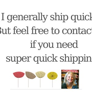 May include: White background with text: "I generally ship quickly. But feel free to contact me if you need super quick shipping." Decorative floral elements and a photo of a smiling woman are at the bottom.