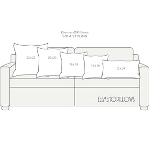 May include: A black and white line drawing of a sofa with five pillows of varying sizes. The pillows are labeled with dimensions in inches: 22x22, 20x20, 18x18, 16x16, and 12x24. The text ElemenOPillows SOFA STYLING appears at the top and bottom.