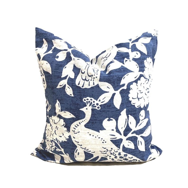 Blue Floral Pillow COVER. Indigo Pillow Cover, Blue Tan Pillow Cover, Blue Euro Sham, Bird Pillow, ALL SIZES including 20x20, 18x18, 16x16