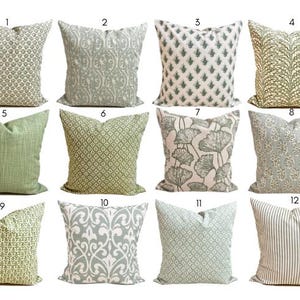 May include: A collection of twelve square throw pillows arranged in a grid, each featuring distinct green and white patterns including floral, geometric, striped, and botanical motifs, numbered one through twelve for identification.