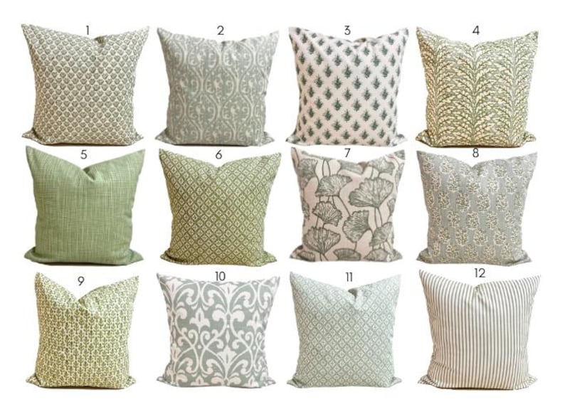 May include: A collection of twelve square throw pillows arranged in a grid, each featuring distinct green and white patterns including floral, geometric, striped, and botanical motifs, numbered one through twelve for identification.