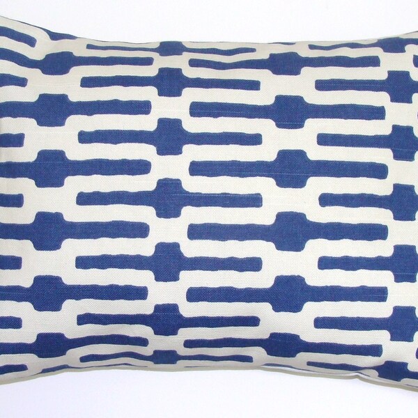 Blue Pillow.12x20 inch.Decorator Pillow Cover..Printed Fabric Front and Back.Annie Selke Links.Cushion.Lumbar.Cm.