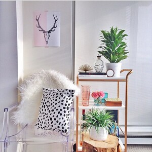 May include: A decorative interior scene featuring a clear acrylic chair with a white faux fur throw and a black and white polka dot pillow. A gold and white bar cart holds plants, books, and decorative items. A deer skull art print hangs on the wall.