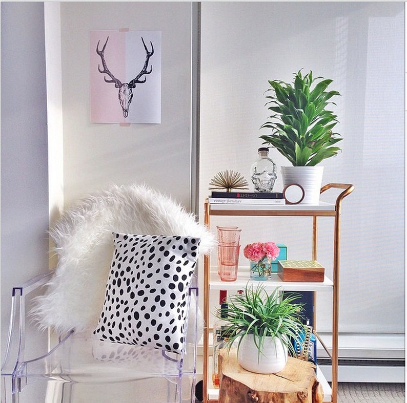 May include: A decorative interior scene featuring a clear acrylic chair with a white faux fur throw and a black and white polka dot pillow. A gold and white bar cart holds plants, books, and decorative items. A deer skull art print hangs on the wall.