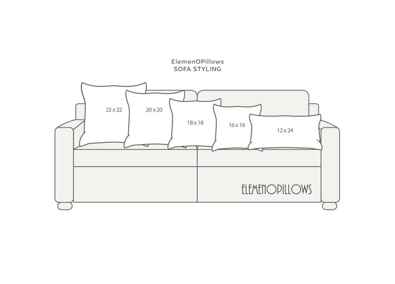 May include: Line drawing of a sofa with five pillows of varying sizes: 22x22 inches, 20x20 inches, 18x18 inches, 16x16 inches, and 12x24 inches. The text "EmenOPIllows SOFA STYLING" is at the top.