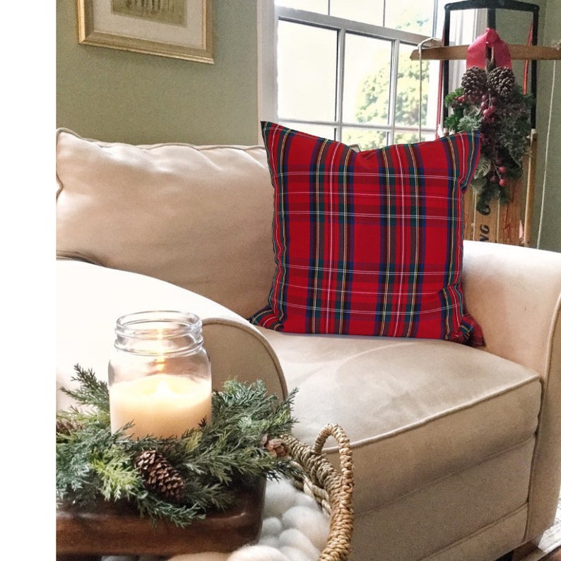 CHRISTMAS Pillow Cover, Red Plaid Pillow, Farmhouse Tartan Plaid Pillow Covers. Red GREEN Check Pillow Covers, All Sizes