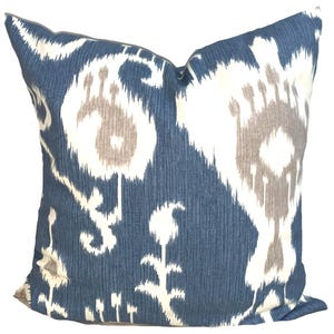 Blue Tan Pillow Cover. Blue Ikat Pillow Cover, Blue Throw Pillow Covers for 20x20 Pillows and 18x18 Pillows