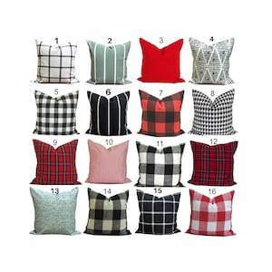 May include: A collection of sixteen decorative throw pillows in various patterns and colors. Designs include plaid, stripes, geometric, and solid colors. The pillows are numbered 1 through 16.