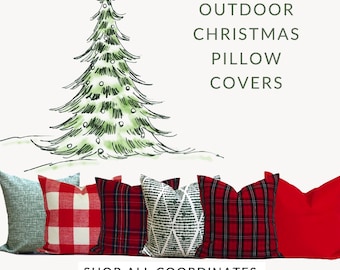 OUTDOOR Christmas Pillow Covers, Outdoor Farmhouse Christmas Pillow Covers, Incl. Red Green Tartan Plaid, 20x20, 18x18, 16x16, ALL Sizes
