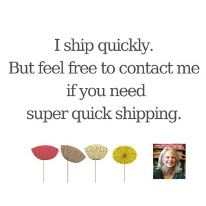 May include: White background with text: "I ship quickly. But feel free to contact me if you need super quick shipping." Below are four stylized flower illustrations in red, brown, beige, and yellow. A photo of a smiling woman is in the bottom right.