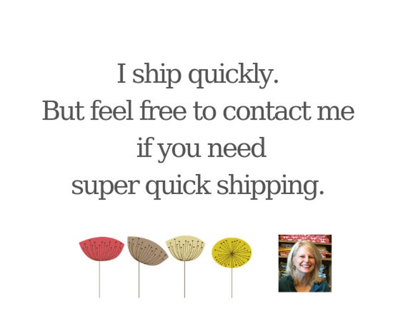 May include: White background with text: "I ship quickly. But feel free to contact me if you need super quick shipping." Below are four stylized flower illustrations in red, brown, beige, and yellow. A photo of a smiling woman is in the bottom right.