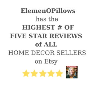 May include: Text graphic for ElemenOPillows, stating it has the highest number of five-star reviews of all home decor sellers on Etsy. The text is in a dark gray font. There are five gold stars and a small photo of a woman.