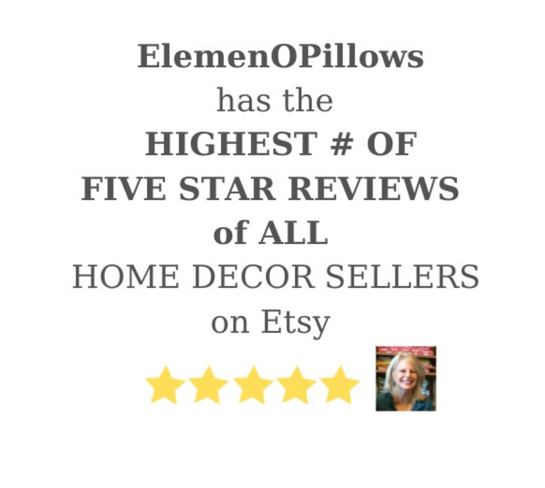 May include: Text graphic for ElemenOPillows, stating it has the highest number of five-star reviews of all home decor sellers on Etsy. The text is in a dark gray font. There are five gold stars and a small photo of a woman.