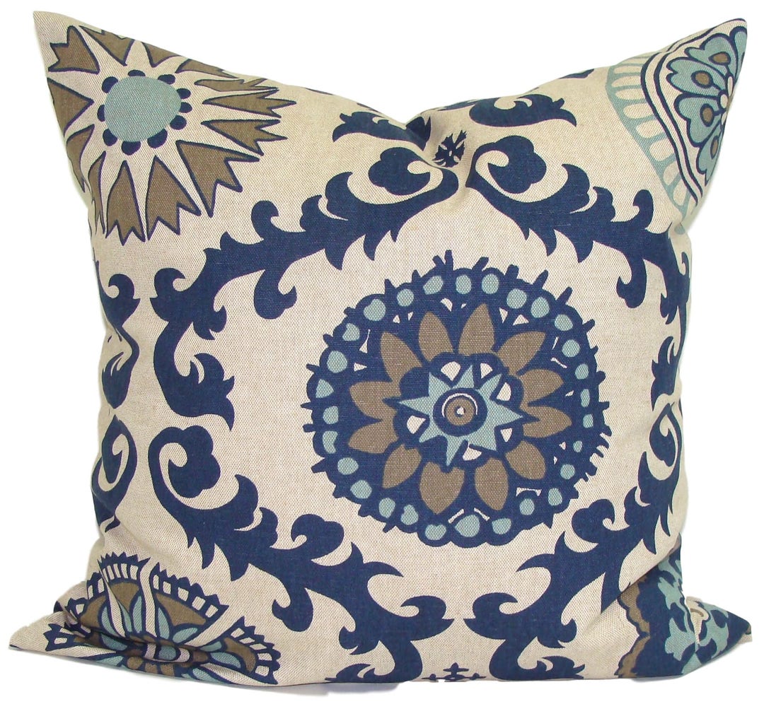 Blue Tan Pillow, Blue Floral Pillow COVER, Blue Flower Pillow, Blue