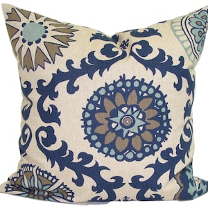 Blue Tan Pillow, Tan Blue Pillow COVER, Blue Flower Pillow, Blue Brown Pillow Covers for 20x20 Pillow, 16x16, 18x18 Pillows, All Sizes