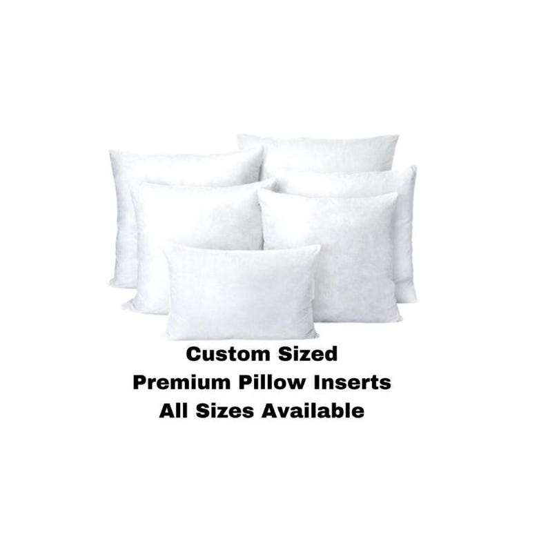 May include: A collection of white, custom-sized pillow inserts. The image shows several fluffy, square and rectangular pillows, arranged in a group. Text on the image reads "Custom Sized Premium Pillow Inserts All Sizes Available."