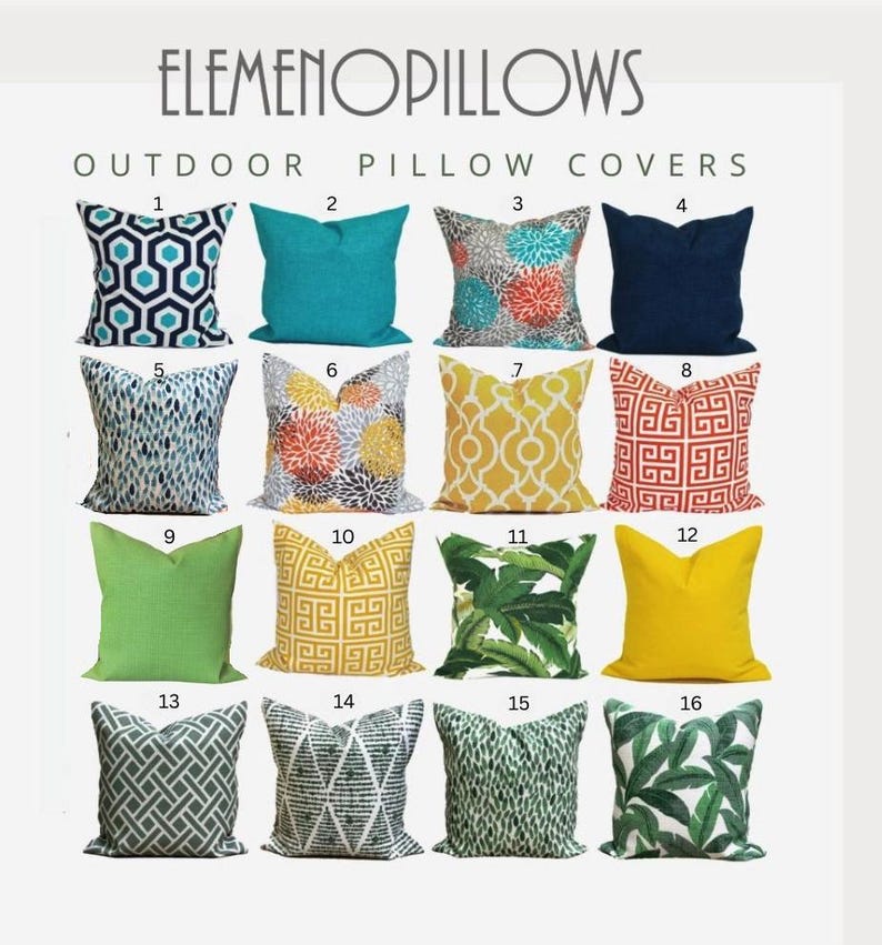 May include: Collection of outdoor pillow covers in various designs and colors. Includes geometric, floral, and solid patterns. The pillows are arranged in rows, showcasing a range of styles for home decor.