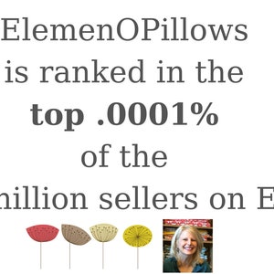 May include: Image with the text "ElemenOPillows is ranked in the top .0001% of the 7.5 million sellers on Etsy." The image also includes a photo of a smiling woman and four stylized flower illustrations.