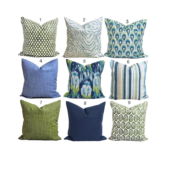 Blue Throw Pillow Covers, Blue & Green Pillow Covers for 20x20, 18x18, 16x16 Inserts, ALL SIZES Incl Euro Shams and Lumbars