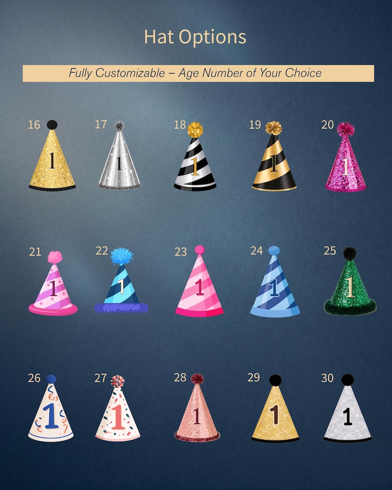 K&ouml;nnte beinhalten: Eine Sammlung von f&uuml;nfzehn kegelf&ouml;rmigen Partyh&uuml;ten, nummeriert von 16 bis 30, die jeweils die Zahl 1 tragen. Die H&uuml;te zeigen verschiedene Farben, Texturen und Muster, darunter Glitzer, Streifen und einfarbige Oberfl&auml;chen, gekr&ouml;nt von Pompons.