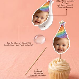 K&ouml;nnte beinhalten: Ein Cupcake-Topper-Set mit einem Ausschnitt eines Babygesichts, das einen Regenbogen-Partyhut mit Stern und der Zahl 1 tr&auml;gt. Enth&auml;lt einen lebensmittelechten Bambusspie&szlig;, klaren Klebepunkt und 300g matt laminiertes Kunstdruckpapier.