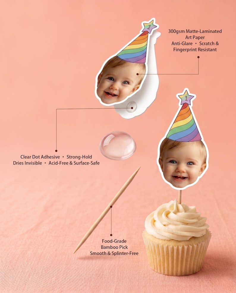 K&ouml;nnte beinhalten: Ein Cupcake-Topper-Set mit einem Ausschnitt eines Babygesichts, das einen Regenbogen-Partyhut mit Stern und der Zahl 1 tr&auml;gt. Enth&auml;lt einen lebensmittelechten Bambusspie&szlig;, klaren Klebepunkt und 300g matt laminiertes Kunstdruckpapier.