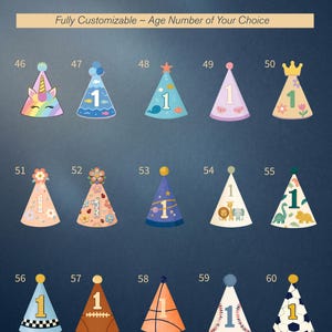 K&ouml;nnte beinhalten: Eine Sammlung von f&uuml;nfzehn kegelf&ouml;rmigen Partyh&uuml;ten, nummeriert von 46 bis 60, mit verschiedenen Farben, Mustern und Themen wie Tieren, Sport und Weltraum. Der Text lautet Hat Options und Fully Customizable &ndash; Age Number of Your Choice.