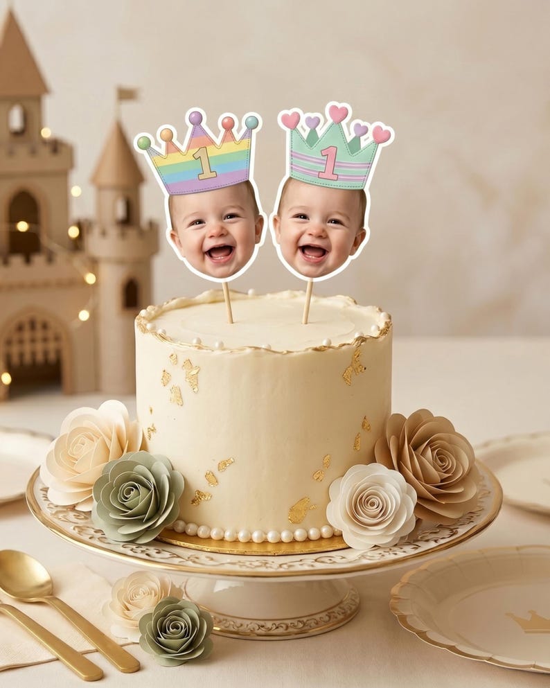K&ouml;nnte beinhalten: Eine wei&szlig; glasierte Torte auf einem Tortenst&auml;nder, verziert mit Blattgold und Perlenr&auml;ndern. Zwei Tortenstecker zeigen l&auml;chelnde Babygesichter mit pastellfarbenen Kronen und der Zahl 1, umgeben von Papierblumen.
