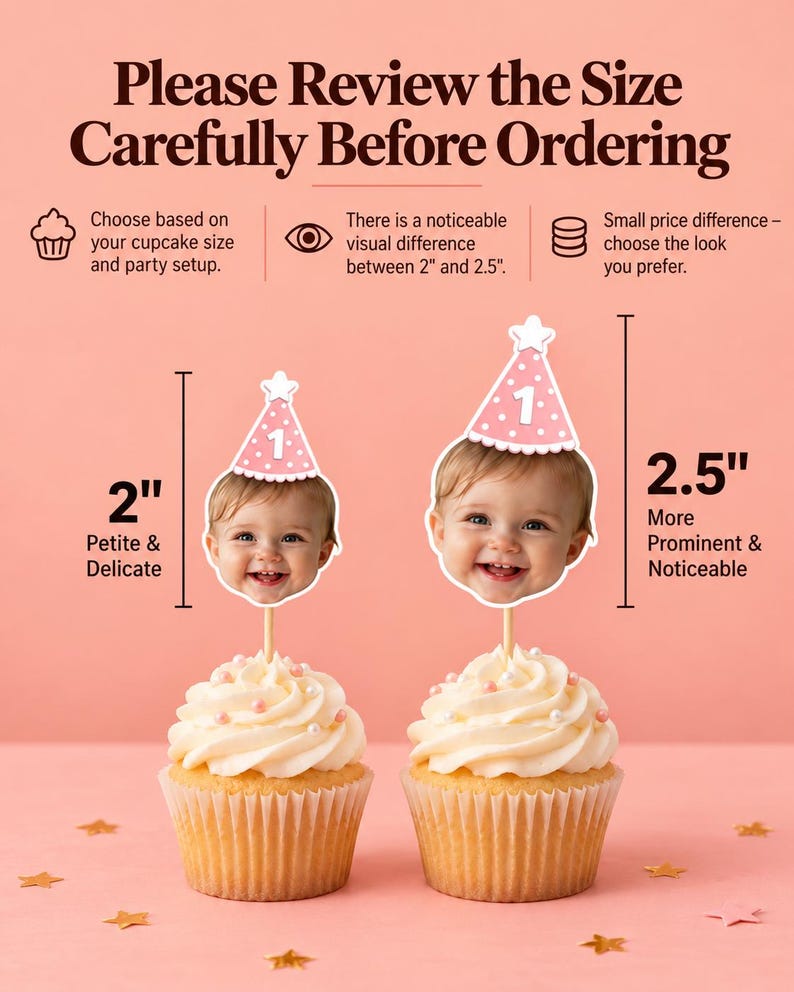 K&ouml;nnte beinhalten: Zwei Cupcakes mit personalisierten Gesichts-Tortensteckern, die rosa Partyh&uuml;te mit der Zahl 1 tragen. Der Text lautet: Please Review the Size Carefully Before Ordering, 2 inches Petite & Delicate, 2.5 inches More Prominent & Noticeable.