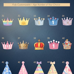K&ouml;nnte beinhalten: Eine digitale &Uuml;bersicht mit dem Titel Hat Options zeigt f&uuml;nfzehn nummerierte Illustrationen von Partyh&uuml;ten und Kronen. Die Designs umfassen Regenbogen-, Sonnen-, Stern-, Herz- und Blumenmuster, jeweils mit der Zahl Eins in der Mitte.