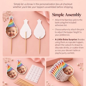 K&ouml;nnte beinhalten: Anpassbare Cupcake-Topper mit dem Gesicht eines Babys, das einen Regenbogen-Partyhut mit Stern tr&auml;gt. Enth&auml;lt Bambusspie&szlig;e und Klebepunkte zur Montage. Text: Your Toppers, Your Way, Simple Assembly und A Little Extra Surprise.