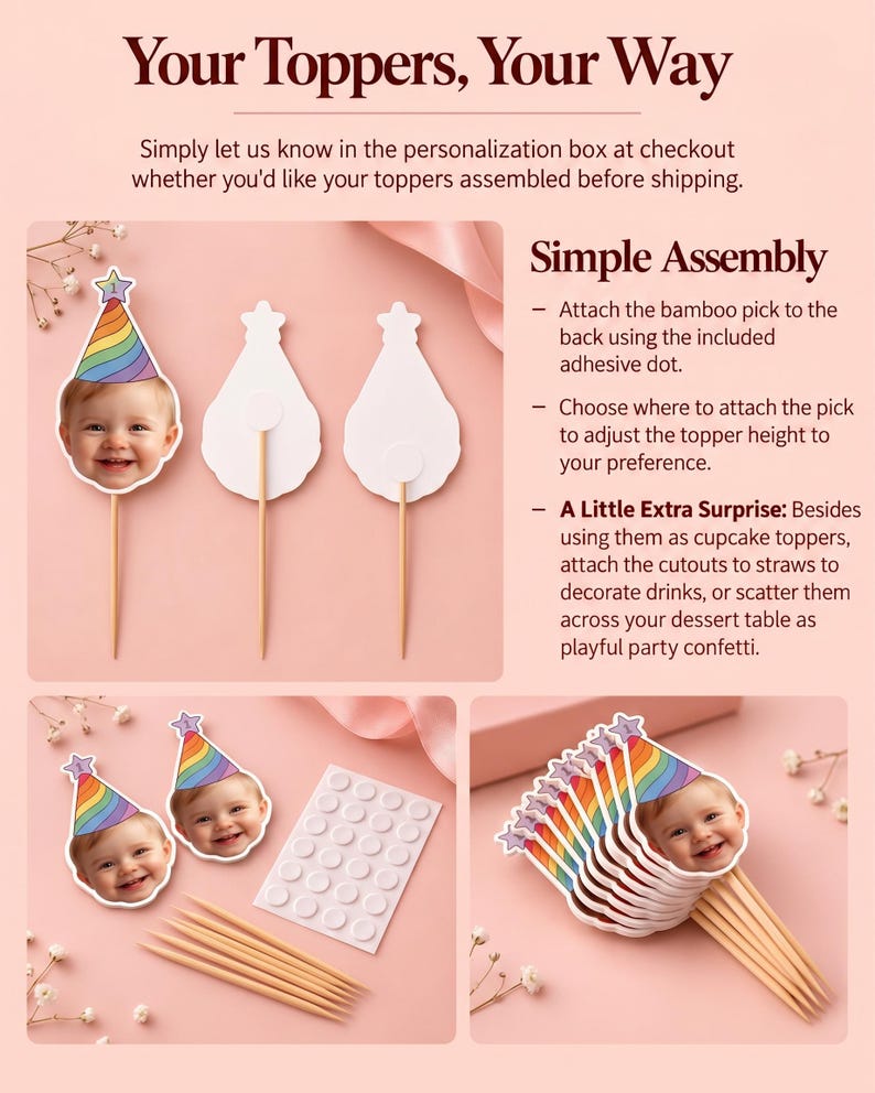 K&ouml;nnte beinhalten: Anpassbare Cupcake-Topper mit dem Gesicht eines Babys, das einen Regenbogen-Partyhut mit Stern tr&auml;gt. Enth&auml;lt Bambusspie&szlig;e und Klebepunkte zur Montage. Text: Your Toppers, Your Way, Simple Assembly und A Little Extra Surprise.