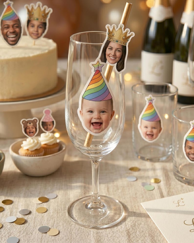 K&ouml;nnte beinhalten: Ein klares Weinglas mit einem individuellen Ausschnitt eines l&auml;chelnden Babys, das einen regenbogenfarbenen Partyhut tr&auml;gt. Ein goldfarbener Strohhalm steckt im Glas, verziert mit einem Ausschnitt einer Person mit einer goldenen Krone.