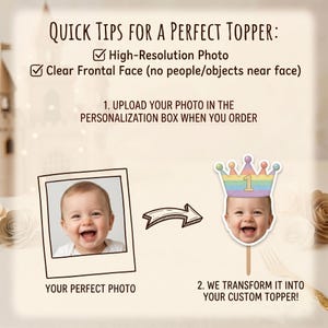 K&ouml;nnte beinhalten: Anleitungsgrafik f&uuml;r einen individuellen Tortenaufleger. Der Text lautet: Quick Tips for a Perfect Topper, High-Resolution Photo, Clear Frontal Face, Upload your photo, We transform it into your custom topper. Zeigt ein Babyfoto und ein Babygesicht mit einer Krone.