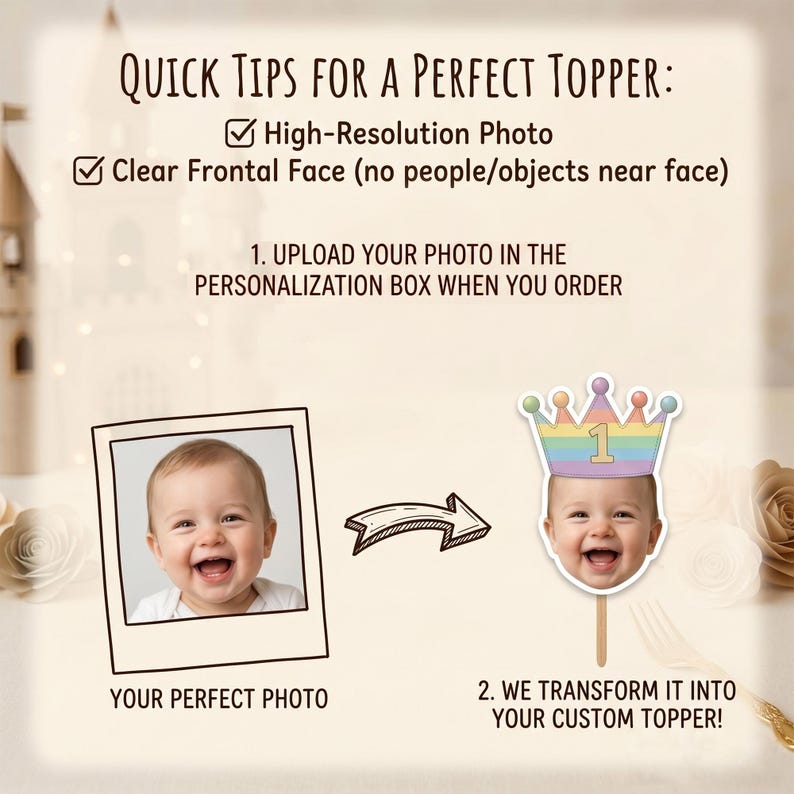K&ouml;nnte beinhalten: Anleitungsgrafik f&uuml;r einen individuellen Tortenaufleger. Der Text lautet: Quick Tips for a Perfect Topper, High-Resolution Photo, Clear Frontal Face, Upload your photo, We transform it into your custom topper. Zeigt ein Babyfoto und ein Babygesicht mit einer Krone.