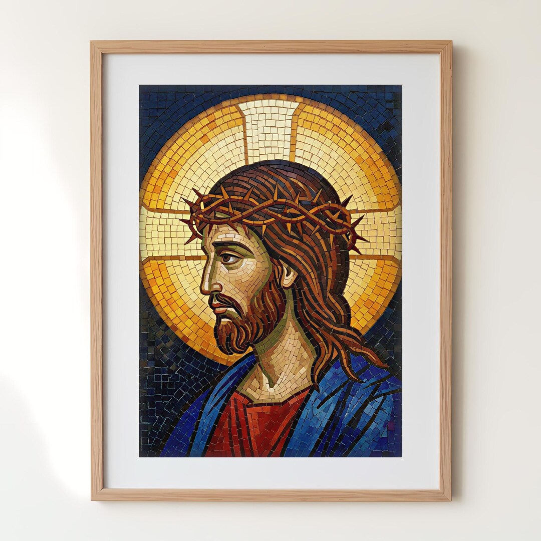 Byzantine Mosaic Jesus Christ Wall Art | Crown of Thorns Passion Print ...