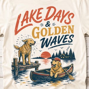 Könnte beinhalten: Cremefarbenes T-Shirt mit einem See-Motiv. Das Design zeigt zwei Golden Retriever, einen auf einem Steg und einen in einem Kanu, mit dem Text "Lake Days & Golden Waves" in Orange, Gold und Blau. Die Szene umfasst einen Sonnenuntergang und Bäume.