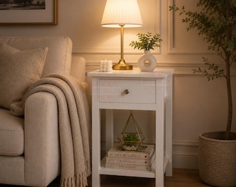 White Wooden Bedside Table, Nightstand Cabinet with Drawer & Open Shelf – Storage Unit