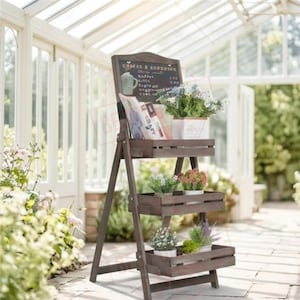 May include: A dark brown wooden A-frame display stand featuring three horizontal slatted shelves and a chalkboard top. The chalkboard displays handwritten text and a mug illustration. Potted plants and books are arranged on the shelves.