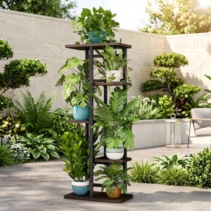 May include: A tall, dark brown wooden plant stand with five tiered shelves, holding various green potted plants in blue, white, and terracotta containers. The structure features a vertical frame with horizontal shelves arranged at different heights.