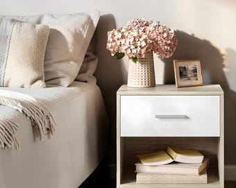 Modern Wooden Bedside Table with Drawer and Open Shelf Slim Nightstand Bedroom Storage Unit