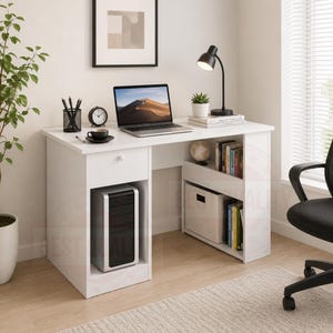 May include: A white computer desk featuring a single drawer, an open compartment for a desktop tower, and a side shelving unit with two levels. The desk surface holds a laptop, a black desk lamp, a small clock, a cup with pens, and a small plant.