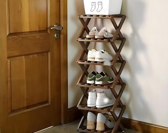 Retractable Foldable Wooden Shoe Rack 6 Layer Narrow Doorway Storage Organizer Cabinet