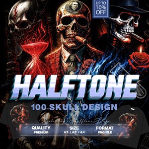 Op de afbeelding: Digitale kunst met drie gedetailleerde schedel illustraties. Eén schedel houdt een sigaar vast, een andere een zandloper, en een derde draagt een hoed. De tekst "HALFTONE 100 SKULL DESIGN" en productdetails zijn inbegrepen.